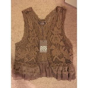 NEVER WORN brown embroidered and lace vest